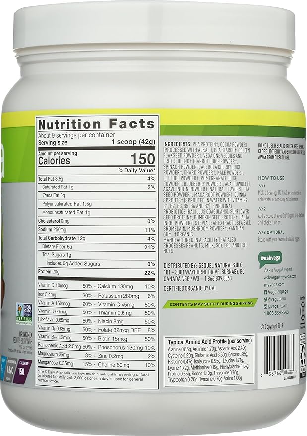Vega Organic All-in-One Vegan Protein Powder, Chocolate - Superfood Ingredients, Vitamins for Immunity Support, Keto Friendly, Pea Protein for Women & Men, 13.2 oz (Packaging May Vary)