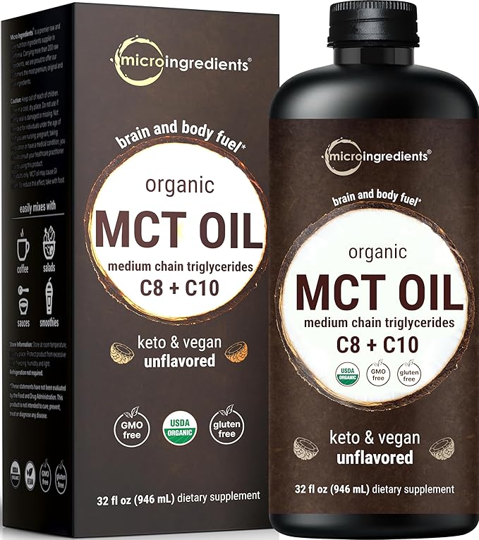 MCT Oil Organic, 32 fl oz |100% Virgin Coconut with C8 + C10 Fatty Acids | Natural Fuel for Brain Energy & Ketone Production | Great for Coffee or Dressings | Unflavored, Keto, Vegan