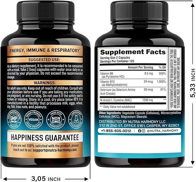 NAC Supplement | Selenium | B6 | B12 - Antioxidant, Immune Support - N Acetyl Cysteine 600 mg per Capsule, 1200 mg per Serving - Made in USA - Non-GMO, Gluten-Free, Vegan - 240 Caps, 4 Month Supply