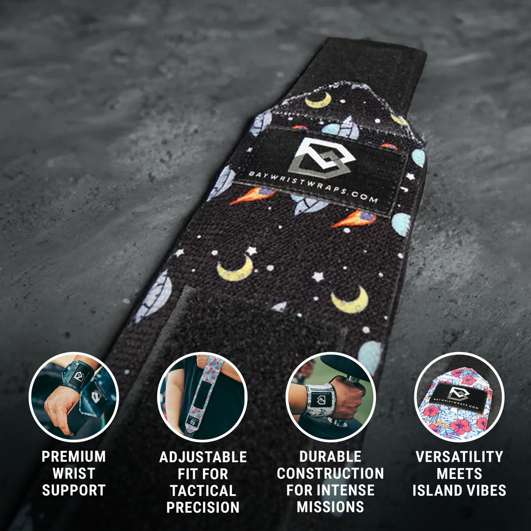 Bay Wrist Wraps Weightlifting Workout Wrist Brace - Adjustable, One Size Fits All - Comfort Wrist Wraps for Weightlifting with Thumb Loop, Lifting Wrist Straps in Outer Space - 18-inch Wrist Wrap