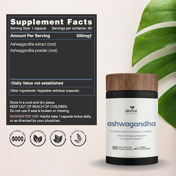 AKSHAR Ayurveda - Ashwagandha Capsules with Ashwagandha Root Extract and Powder - Adaptogenic Herbal Support - Vegan Cruelty-Free Ashwagandha Supplements (60 Count)