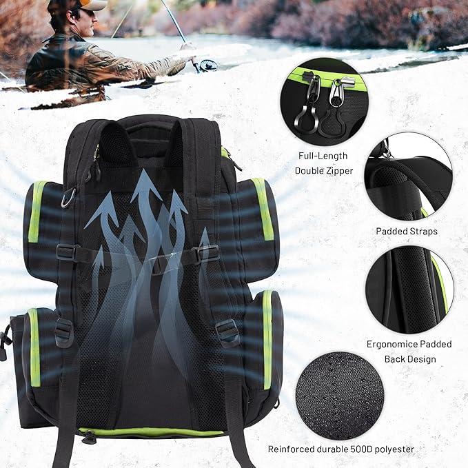 48L Large Fishing Tackle Backpack With Rod Holders, 4 Tackle Box, Protective Rain Cover - Water Resistant Storage Bag for Camping, Hiking, Hunting