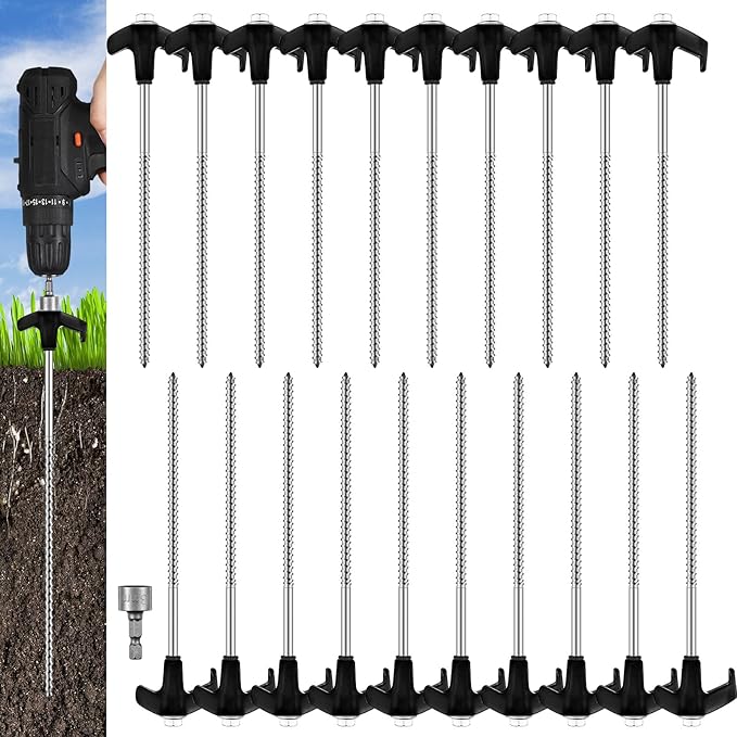 Hicarer 20 Pcs 8'' Screw in Tent Stakes Heavy Duty Ground Anchors Screw in Tent Pegs Ground Stakes Tent Spikes Metal Tent Spikes with Hex Head Driver for Camping Garden Canopies (Black)