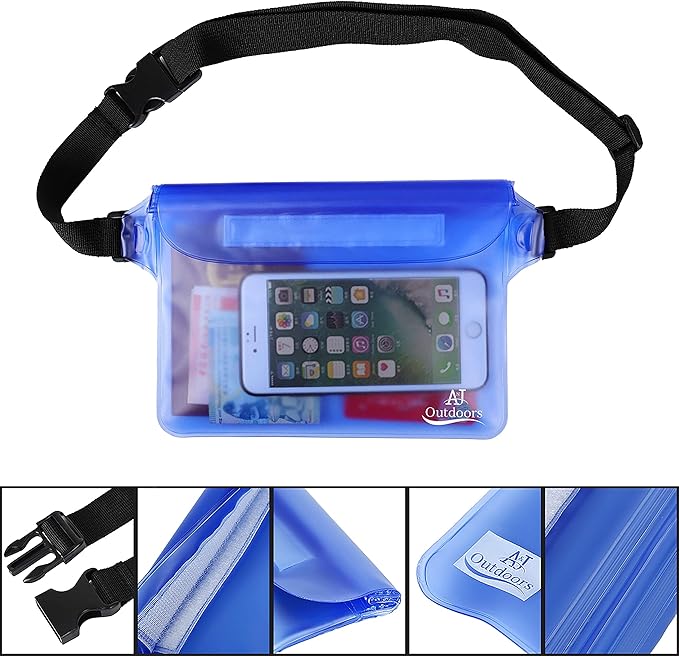 ANJ Outdoors 2PK Most Durable Waterproof Pouch/Waterproof Fanny Packs for Women and Men | 3-Zipper Beach Bags Sandproof | Phone Case With Waist Strap for Swimming