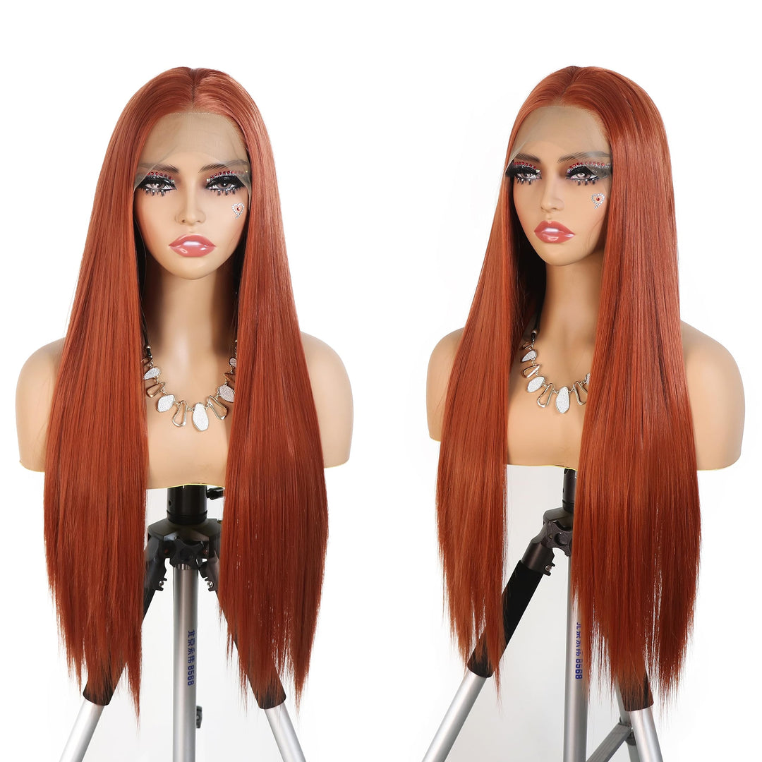 WXHWCX Copper Red Middle Part Hair Soft Long Straight Synthetic Wigs High Temperature Fiber Hair Synthetic Lace Front Wig Cosplay For Women Wigs
