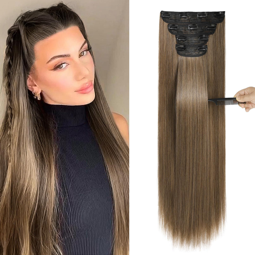 Reecho 28'' Straight Long 4 Pcs Set Thick Clip In On Hair Extensions - Light Ash Brown
