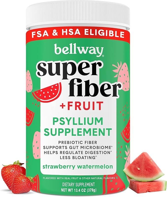 Bellway Super Fiber Powder + Fruit, Sugar Free Organic Psyllium Husk Powder Fiber Supplement for Regularity, Bloating Relief & Gut Health, Non-GMO, Plant-Based, Strawberry Watermelon (50 Servings)