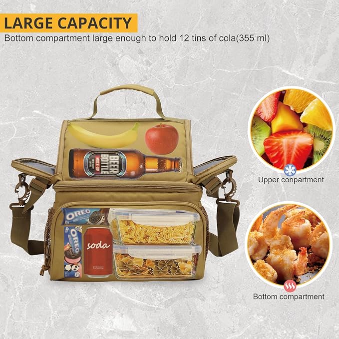 ATRIPACK 2 Compartment Lunch Bag for Men Adult, Tactical Lunch Box Leakproof Insulated Large Cooler Bag for Work with Adjustable Shoulder Strap Flag Double Layer Lunch Pail（Brown）