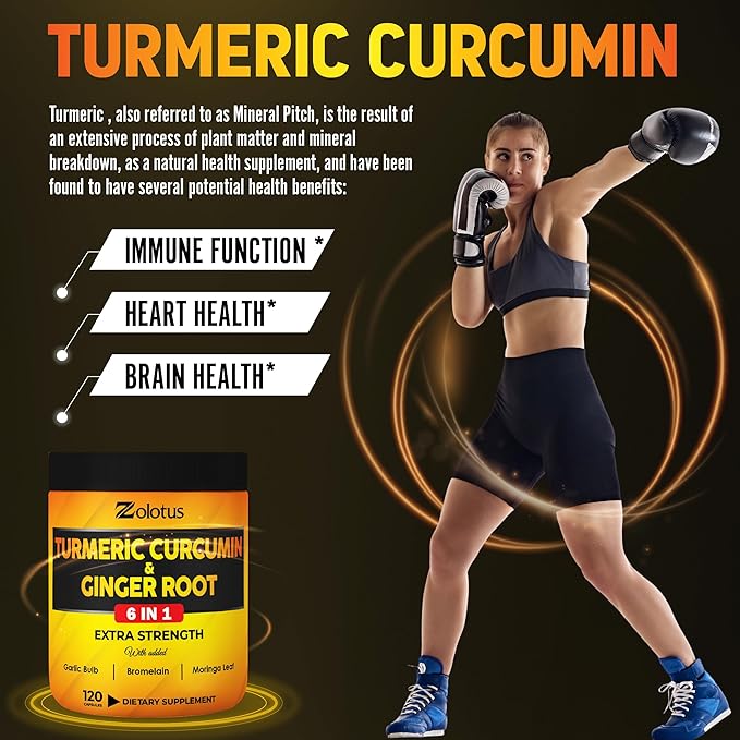 6 in 1 Turmeric Curcumin + Ginger Capsules, 95% Curcuminoids with Ginger, Garlic Bulb, Bromelain, Moringa, Black Pepper - 120 Capsules