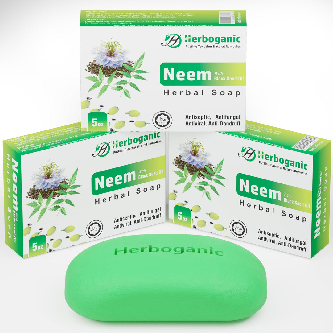 HERBOGANIC Neem and Black seed Herbal Soap | Pack of 3 of 5oz soap Bar | Natural Bar Soap for Face and Body | Hydrating and Nourishing | Suitable for Men and Women