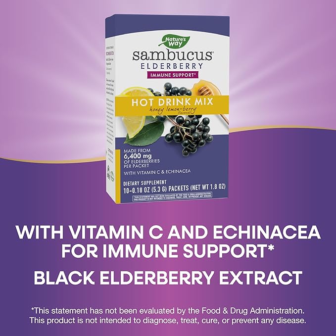 Nature's Way Sambucus Elderberry Hot Drink Mix with Vitamin C and Echinacea, Immune Support*, Honey Lemon-Berry Flavored, 10 Packets