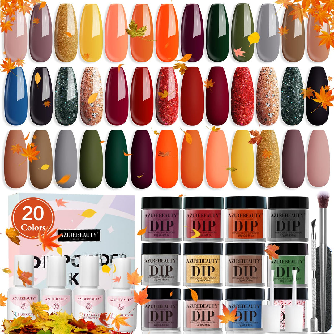 Azurebeauty Dip Powder Nail Kit Starter, Fall Season Orange Green Glitter Red 20 Colors Acrylic Dipping Powder Liquid Set With B