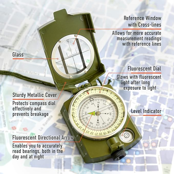 TurnOnSport Lensatic Military Compass - Tritium Compass with Pouch for Hiking, Camping, Backpacking & Survival Navigation