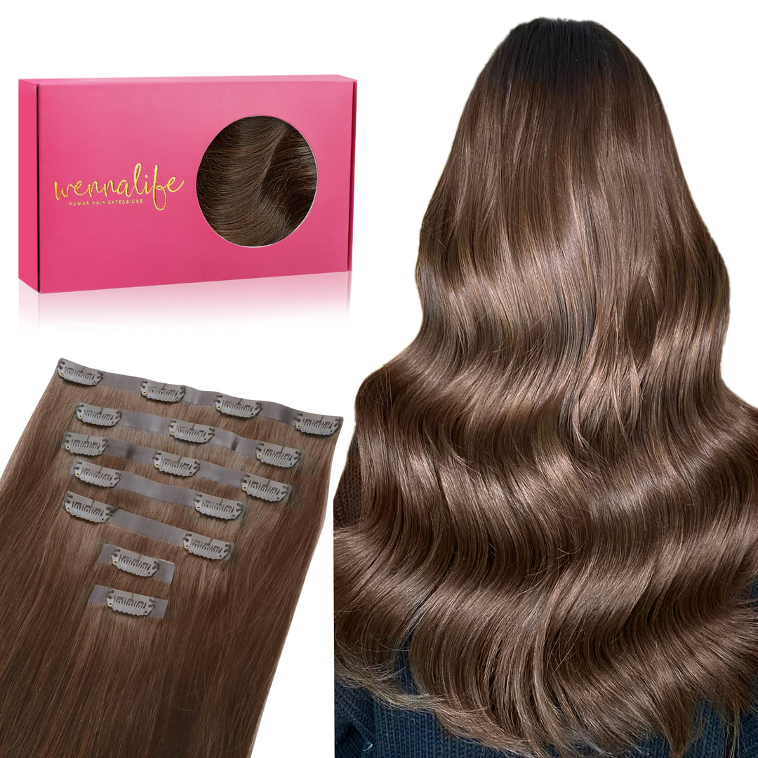 Wennalife Sew In Hair Extensions Real Human Hair, 24 Inch 120G Chocolate Brown Machine Weft Hair Extensions Human Hair Hand Tied
