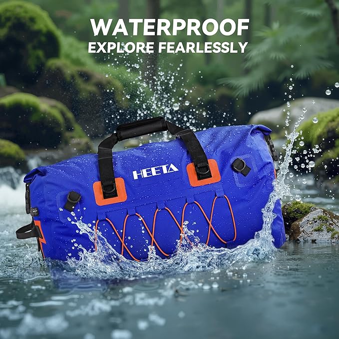HEETA Waterproof Duffel Bag Motorcycle Dry Bag Backpack, Extra Large Rolltop Travel Duffle Bags with Straps & Handles for Kayaking Rafting Boating Canoeing Camping Gym Beach (Blue, 60L)