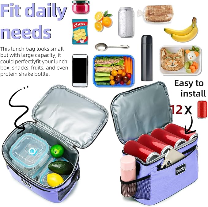 BEIMILY Lunch Box for Men/Women,Small Insulated Lunch Bag,Reusable LunchBox for work Picnic Hiking Beach,Leakproof Soft Cooler Tote Bag Organizer with Adjustable Shoulder Strap for Adults(Violet)