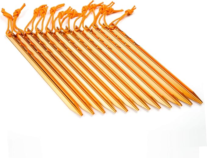 Aluminum Tent Stakes Pegs, 12-Pack Aluminum Ground Pegs with Reflective Pull Ropes, Heavy Duty Tri-Beam Metal Stakes Pegs for Backpacking Camping Tents Hammocks and Canopy