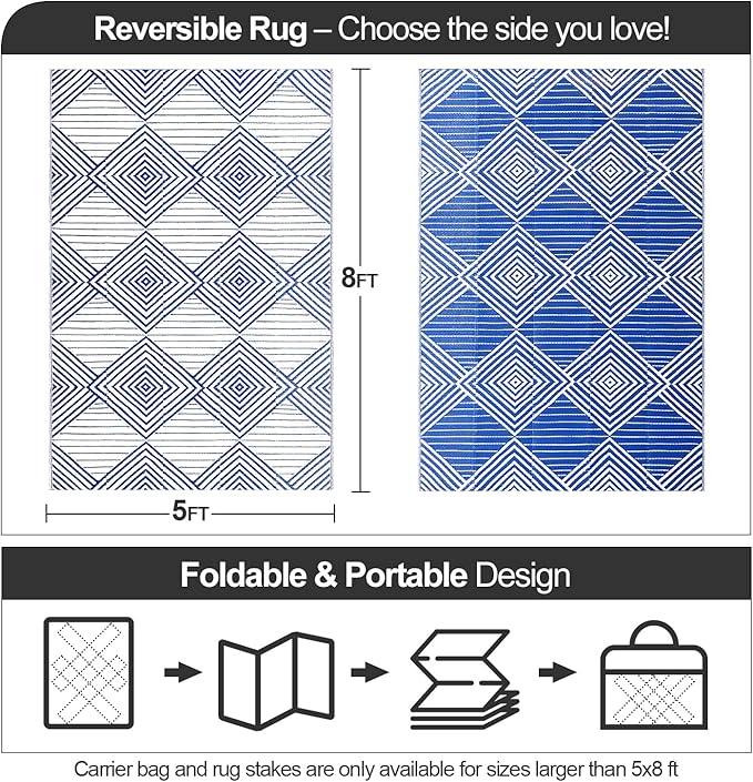 Waterproof Outdoor Rug 5x8ft, Foldable Reversible Plastic Straw Mat for Patio RV Deck Porch Backyard Balcony Camping Picnic Beach Indoor Outdoor Carpet, Blue&White