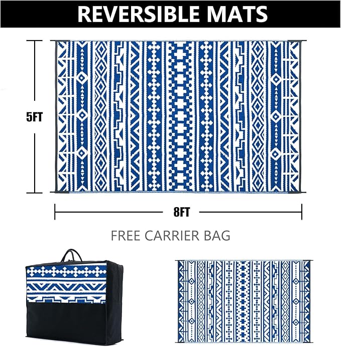 Outdoor Plastic Straw Rug, Waterproof Outdoor Rugs for Patios Clearance, Reversible Area Rug, Large Outside Carpet for Camping, Balcony, RV, Deck, Picnic, Beach 5x8ft Geometric Boho Blue&White