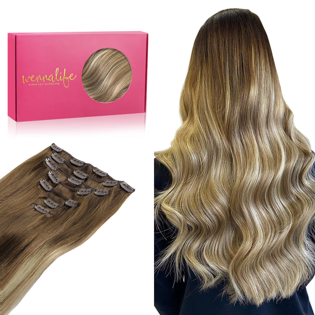 Wennalife Clip In Hair Extensions Real Human Hair, 22 Inch 120G 7Pcs Ombre Walnut Brown To Ash Brown And Bleach Blonde Clip In H