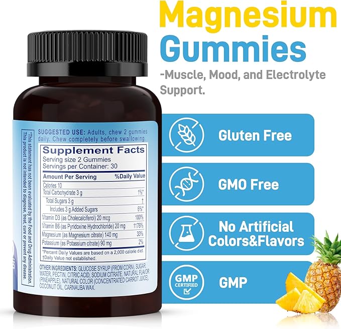 Potassium Magnesium Gummies, Magnesium Citrate & Potassium Citrate Supplements with Vitamin D3, B6 for Electrolyte Balance, Muscle, Leg Cramps, GMO Free Gluten Free (Pineapple,60 Count)