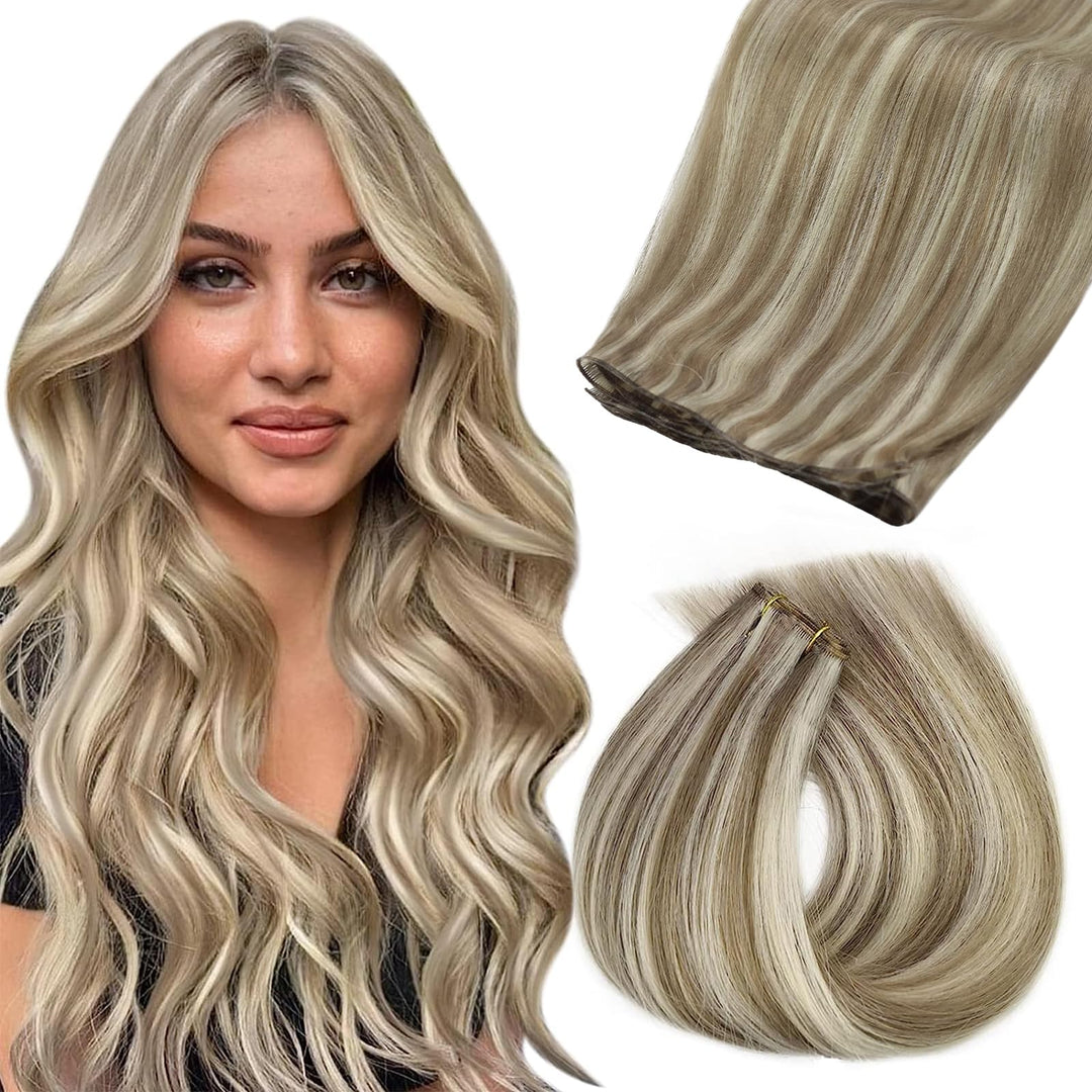Fshine Human Hair Genius Weft Light Brown Highlight With Platinum Blonde Hand Tied Hair Genius Weft 18 Inch 50G Remy Human Hair