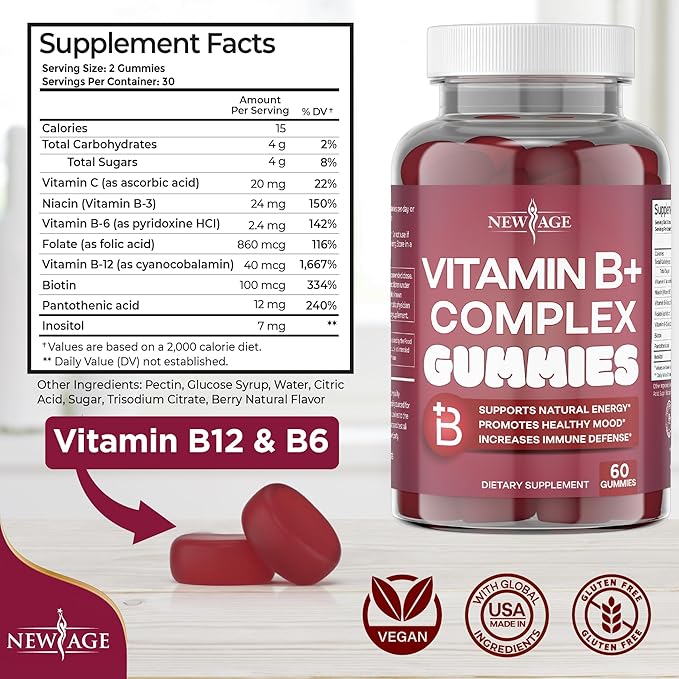 NEW AGE Vitamin B Complex Gummies with Vitamin B3, B5, B6, B7, B9 & B12 – with Biotin, Folic Acid & Vitamin C – Gluten-Free, Vegan, Made in The USA! (60 Count (Pack of 1))
