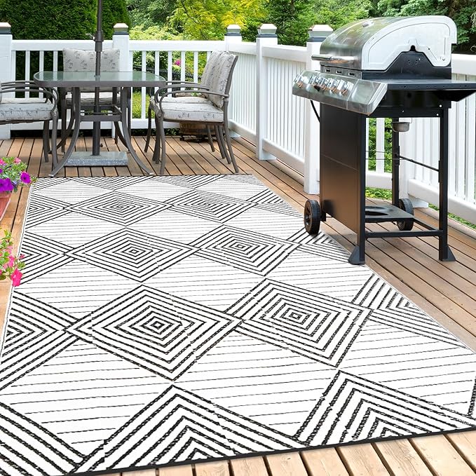 Waterproof Outdoor Rug 9x12ft, Foldable Reversible Plastic Straw Mat for Patio RV Deck Porch Backyard Balcony Camping Picnic Beach Indoor Outdoor Carpet, Black&White