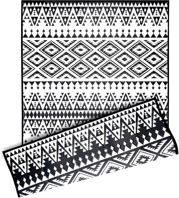 Outdoor Rug Mat for Patio, 8x10ft Waterproof Reversible Plastic Straw Rugs, Camping Carpet Area Mats for RV, Porch, Deck, Backyard, Balcony, Camper, Trailer, Black & White