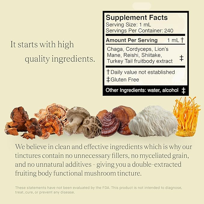 Blend No.1-6 Mushroom Blend Tincture Reishi, Chaga, Lions Mane, Turkey Tail, Cordyceps, & Shiitake, Natural Support Immunity Booster, Increase Energy & Cognitive Function (240 Servings)