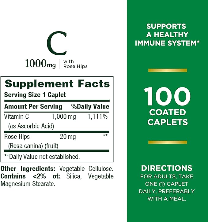 Nature's Bounty Vitamin C + Rose HIPS, Immune Support, 1000mg, Coated Caplets, 100 Ct