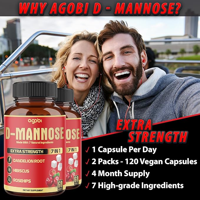 2 Packs 60 Counts 4 Months - D-Mannose Capsules - Natural Urinary Tract Health & Immune Support - 7in1 with Cranberry, Dandelion, Hibiscus & More