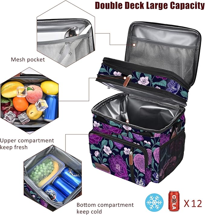MIYCOO Lunch Bag for Women Men Double Deck Lunch Box - Leakproof Insulated Soft Large Lunch Cooler Bag, (Purple Flower,15L)