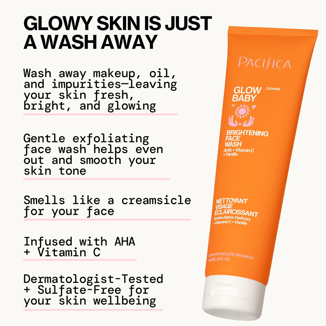 Pacifica Glow Baby Brightening Facial Cleanser 5oz – Vitamin C & Glycolic Acid (AHA) Face Wash for Radiance – Daily Cleanser for Anti-Aging Exfoliating for Smooth, Even Glowing Skin Vegan Clean Beauty