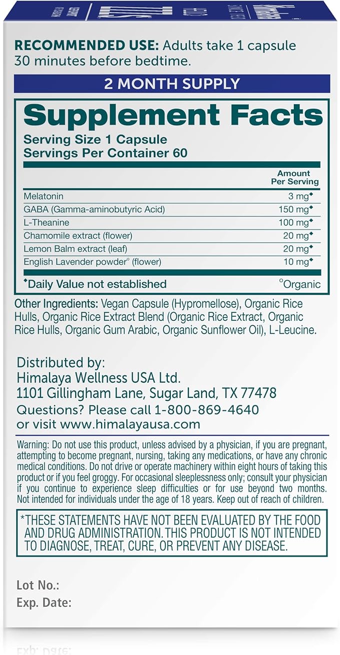 Himalaya Hello ZZZs with GABA, L-Theanine and Melatonin 3mg for Sleep Support and Occasional Sleeplessness, 60 Capsules, 2 Month Supply