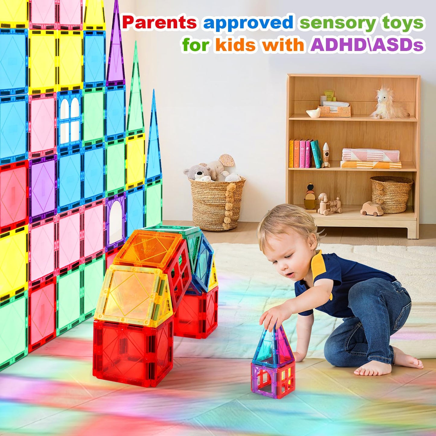 100PCS Magnetic Tiles Kids Toys - Magnetic Building Blocks STEM Magnet Building Set Preschool Learning for Kids Ages 3-8, Sensory Montessori Toys for Boys and Girls