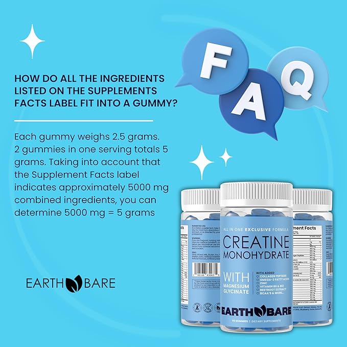 Creatine Monohydrate and Magnesium Gummies for Adults | Beta Alanine, Collagen Peptides, L-Arginine, B Vitamins | 60 Gummies