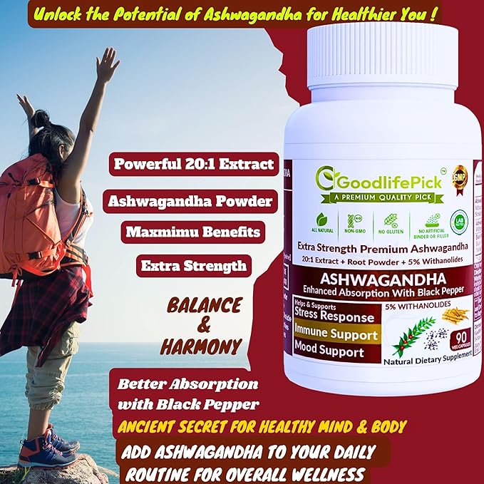 Ashwagandha Capsules with Black Pepper from Pure Ashwagandha Powder & 20:1 Ashwagandha Root Extract with Black Pepper 90 Veg Cap AllNatural NonGMO Vegan NO Rice Powder NO Gluten