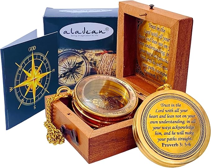 Trust in The Lord - Proverbs 3: 5-6 Engraved Compass, Wood Box Greeting, Inspirational Gift Men, Christian Boys Baptism Gifts, Graduation Day