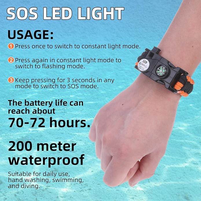 Adjustable Survival Paracord Bracelet, 2 Pack Emergency Fire Starter Kit with Loud Whistle Compass Light Flint Steel for Hiking Fishing Hunting, Tactical Gear Equipment Multitools