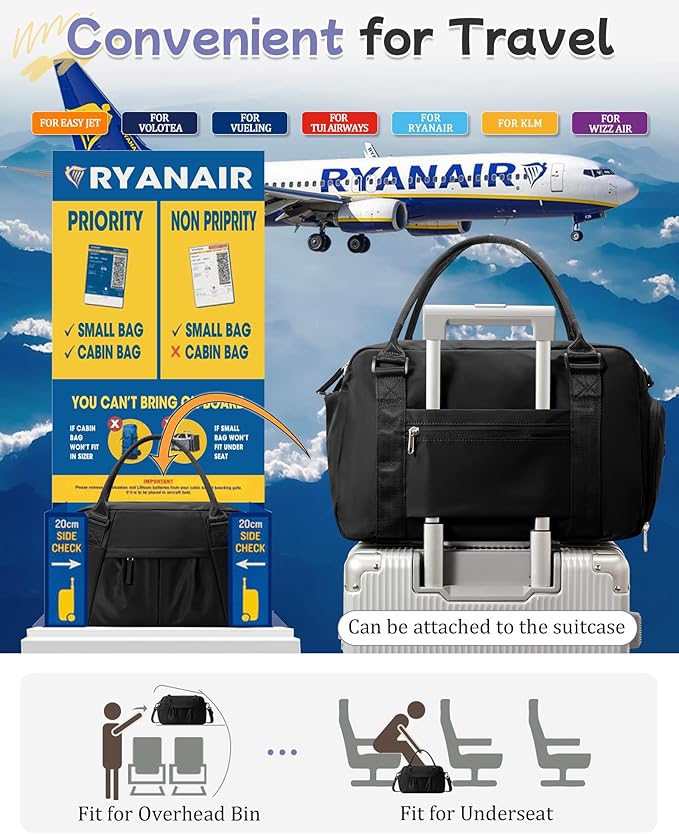 Small Black Gym Duffle Bag for Women Men with Shoe Compartment, Mini Cute Weekender Handbag Carry on Travel Bag for Airplane, Water Resistant Sports Yoga Tote Bag with Dry Wet Separated Pocket.