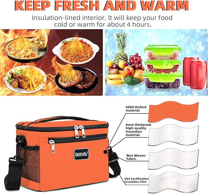 BEIMILY Lunch Box for Men/Women,Small Insulated Lunch Bag,Reusable LunchBox for work Picnic Beach,Leakproof Soft Cooler Tote Bag Organizer with Adjustable Shoulder Strap for Adults(Orange)