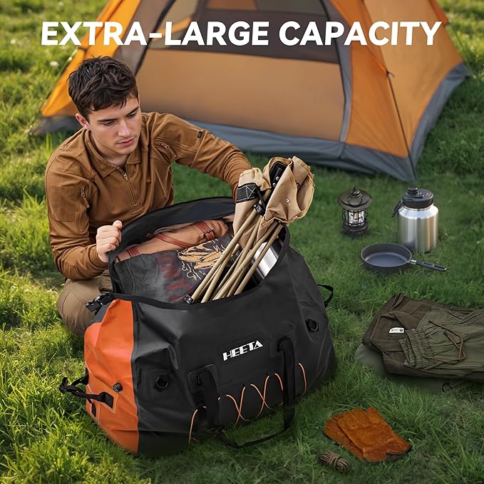 HEETA Waterproof Duffel Bag Motorcycle Dry Bag Backpack, Extra Large Rolltop Travel Duffle Bags with Straps & Handles for Kayaking Rafting Boating Canoeing Camping Gym Beach (Black, 60L)