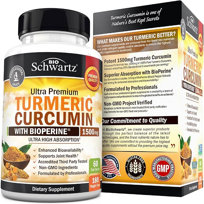 Turmeric Curcumin with Black Pepper Extract 1500mg - High Absorption Ultra Potent Turmeric Supplement with 95% Curcuminoids and BioPerine - Non GMO Tumeric Capsules for Joint Support - 180 Capsules