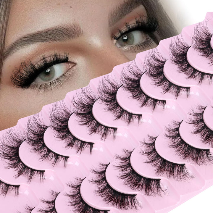 False Eyelashes Cat Eye Strip Lashes Fluffy False Lashes D Curl Faux Mink Lashes Wispy Lash Extension Thin Band 3D Volume Eyelashes 10 Pairs Pack by zanlufly