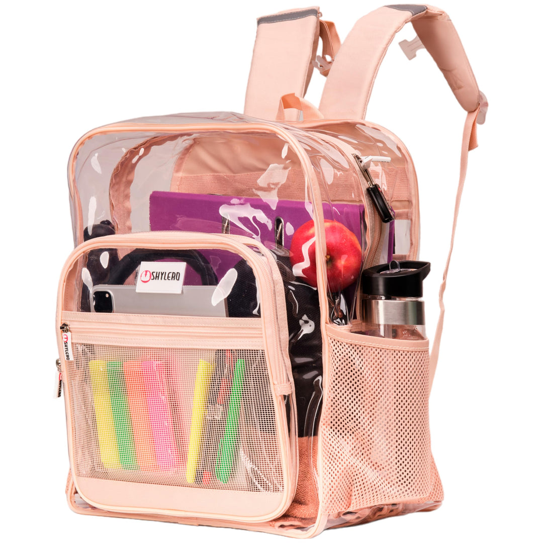 SHYLERO Clear Backpack Heavy Duty has TSA Lock, 2-WAY Zipper. PVC Transparent Backpack Is Extra Large - H18''xW14''xD8 - Beige