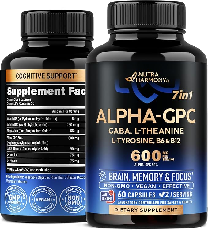 Alpha GPC Supplement with L-Theanine | L-tyrosine | Vitamin B6 & B12 - Alpha GPC 600 mg for Focus, Memory & Energy - Bioactive Choline for Brain & Cognition - for Men & Women - Made in USA - 60 Caps
