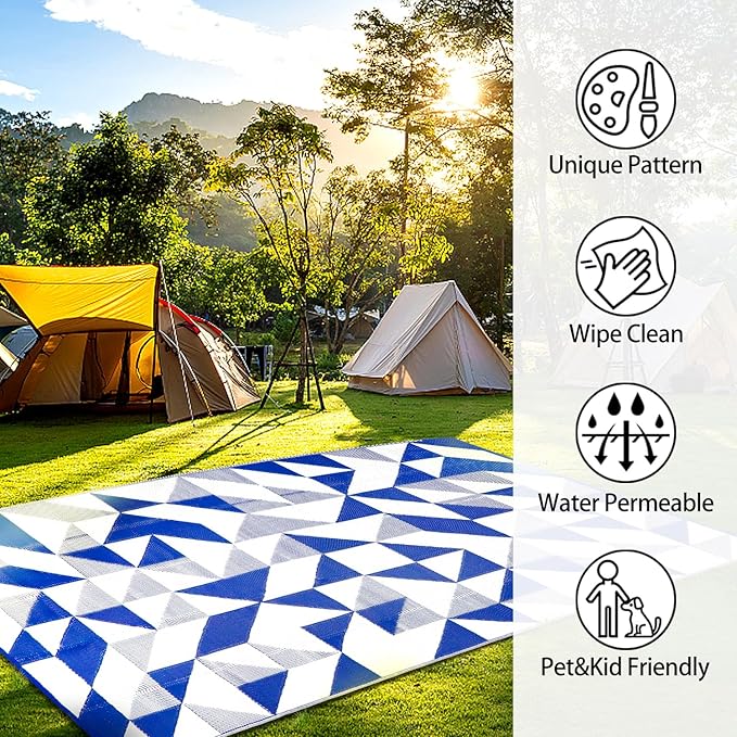 Outdoor Rug Mat for Patio, 6x9ft Waterproof Reversible Plastic Straw Rugs, Camping Carpet Area Mats for RV, Porch, Deck, Backyard, Balcony, Camper, Trailer, Blue & White