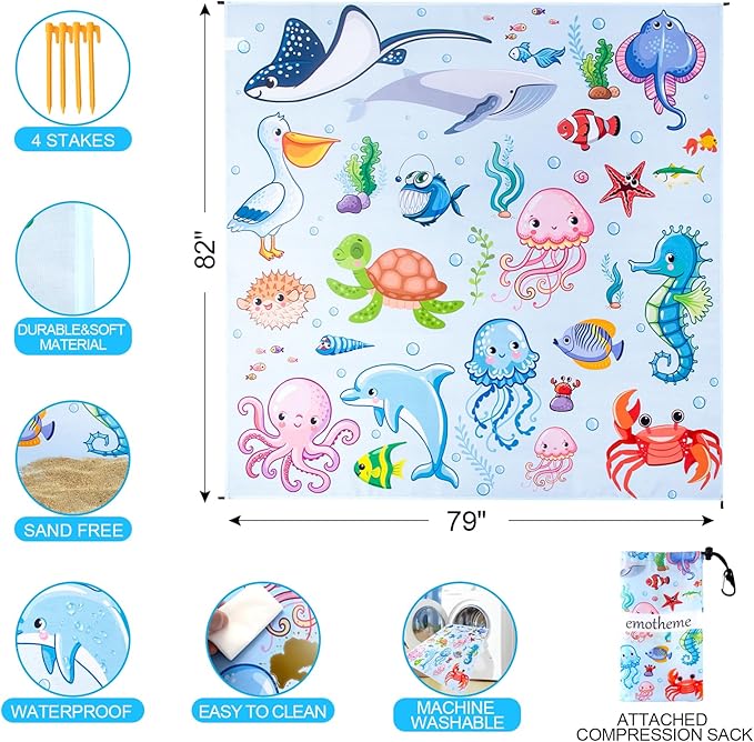 Beach Blanket, Sandproof Beach Mat 79" X 82" for 4-7 Adults, Large Waterproof Beach Blanket Quick Drying Lightweight Beach Blanket with 4 Stakes for Travel Camping Hiking (Ocean)