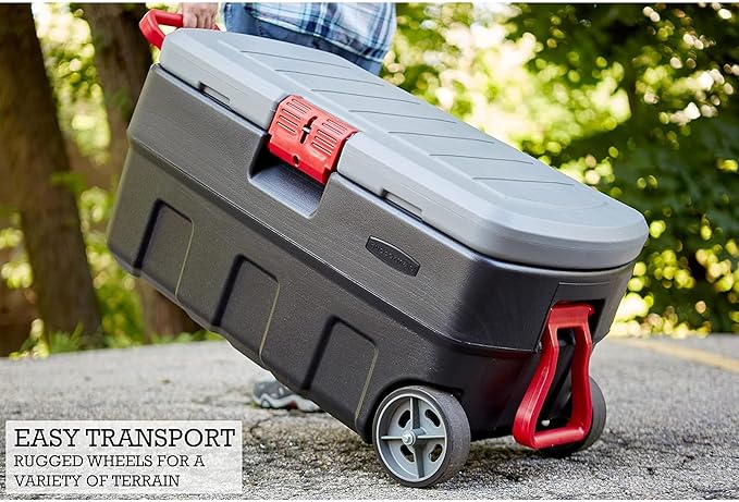 Rubbermaid ActionPacker 35 Gallon, Made in USA, Lockable Plastic Storage Bin with Lid and Wheels- Outdoor, Industrial, Rugged, Camping Gear and Truck Bed Storage - Gray and Black